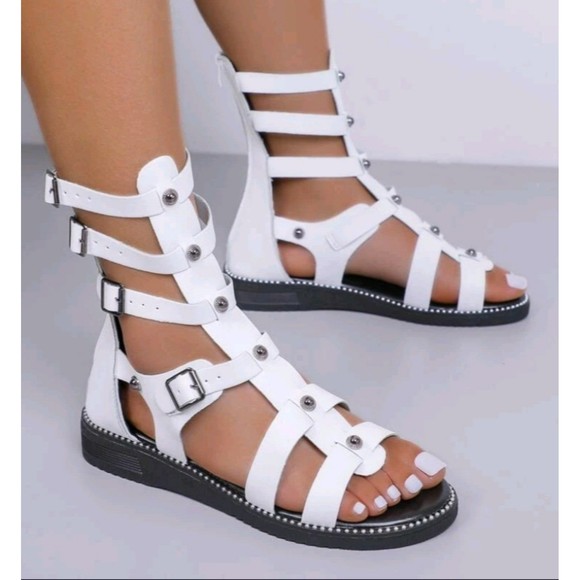 NWT White Gladiator Sandals Ankle Size 5.5 36 Buckle Detail Studded Decor - Picture 4 of 5